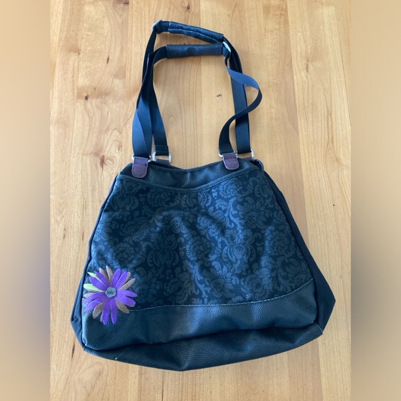 Haiku Purple Daisy Purse Shoulder Bag by Sharon Eisenhauer Black Canvas Leather - Picture 1 of 9